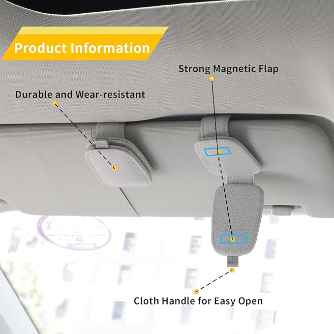 Yuoyar Sunglass Holder for Car, Magnetic Leather Sunglasses Holder and Ticket Card Clip, Car Visor Accessories, 2 Packs (Silver Grey)