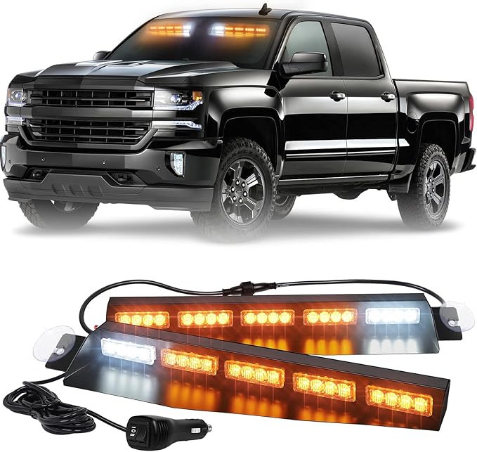 XRIDONSEN Emergency Visor Lights Bar Interior Windshield Strobe Lights 40 LED Amber Warning Flashing w/White Take Down Deck Split Mount for Construction Vehicles Snow plow Trucks (2x17 inch)