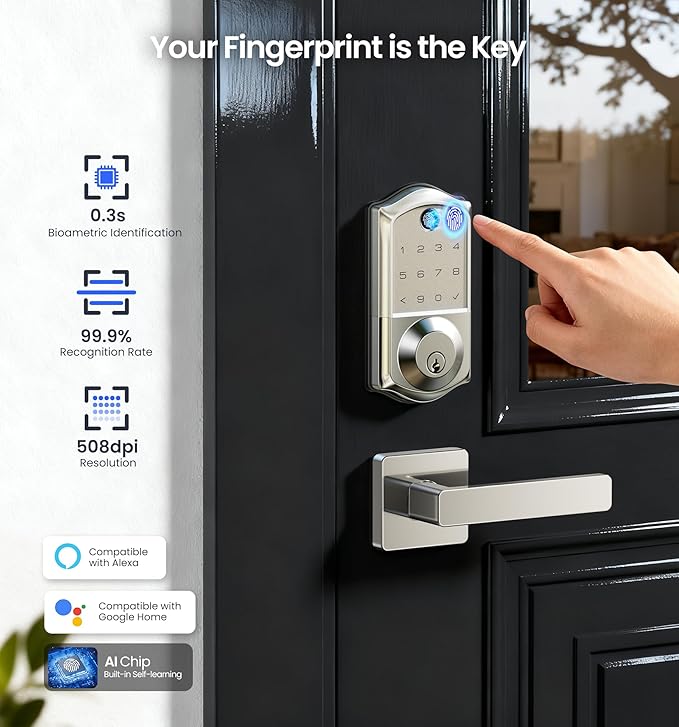 Veise VE017-B Fingerprint Smart Lock for Front Door, App Control, 7-in-1 Keyless Entry Deadbolt with 2 Zinc Alloy Lever Handles Set, Emergency Power Port, Auto Lock, Electronic Keypad, Satin Nickel