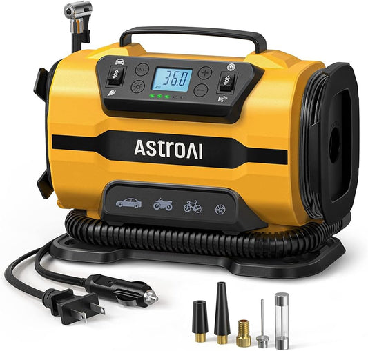 AstroAI Tire Inflator Portable Air Compressor Pump 150PSI 12V DC/110V AC with Dual Metal Motors&LED Light, Automotive Car Accessories&Two Modes for Car, Bicycle Tires and Air Mattresses, Yellow