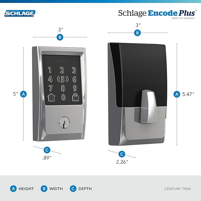 Schlage BE499WB CEN 625 Encode Plus WiFi Deadbolt Smart Lock, Keyless Entry Touchscreen Door Lock with Century Trim, Bright Chrome