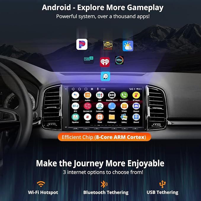 Android Double Din Car Stereo with Backup Camera & OBD2 Scanner, A6PF Ultra 2G+32G 7" Wireless CarPlay & Android Auto Radio with ChatGPT, LRV, WiFi/BT/USB Tethering, GPS Tracker,2 Bluetooth