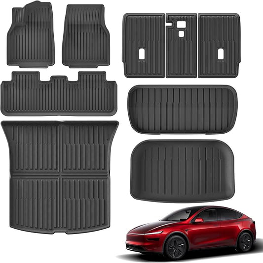 9PCS Full Set of Floor Mats for New 2025 2026 Tesla Model Y Juniper 5-Seats All Weather TPE Front Rear Trunk Cargo Liner Backrest Mats Frunk Mat Accessories Black