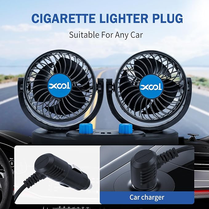 XOOL 12V Car Fan, 360 Degree Rotatable Electric Car Fans, 2 Speed Dual Head Fans with 2 USB Charging Ports, Quiet Strong Cooling Air Fan for Truck Vehicle Boat Van SUV RV