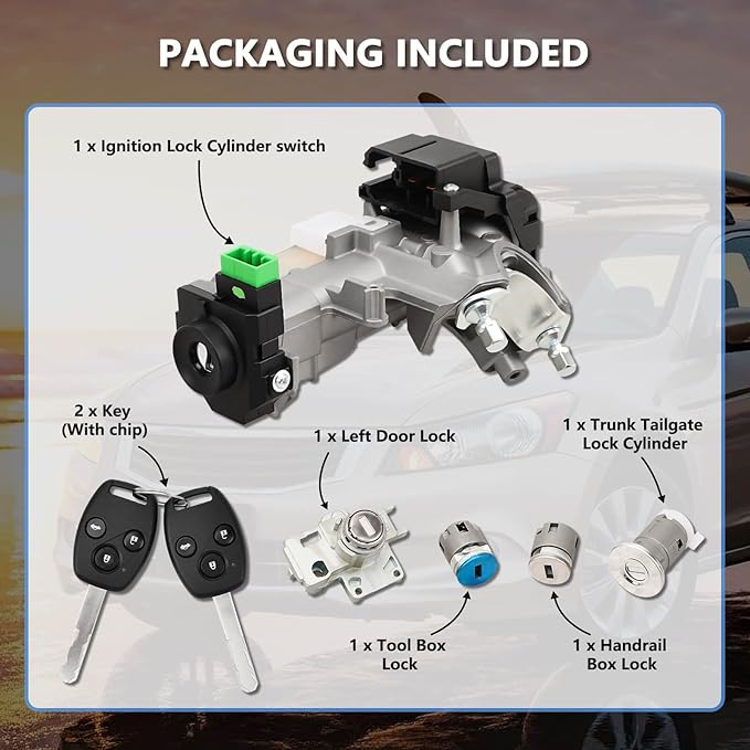 RAMATA 06351-TE0-A11 Ignition Switch Lock Cylinder with Key (with Blank Chip) Compatible with 2008 2009 2010 2011 2012 Honda Accord (Ignition Chip: 46,Frequency: 433mHz)