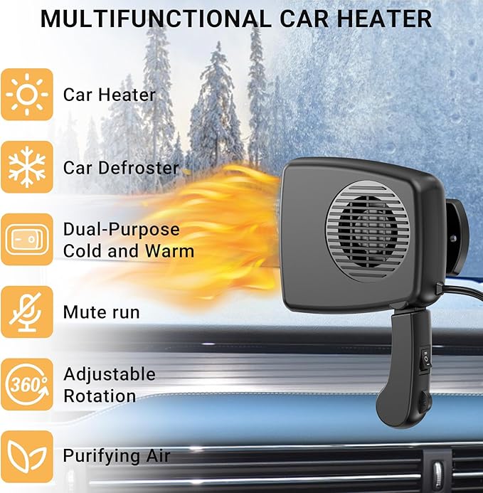 Car Heater - 12V 200W Portable Auto Heaters Defroster Windshield Defogger Automobile Windscreen Heater for Cars with Fast Heating & Cooling Window Defrosters with Ergonomic Handheld Design