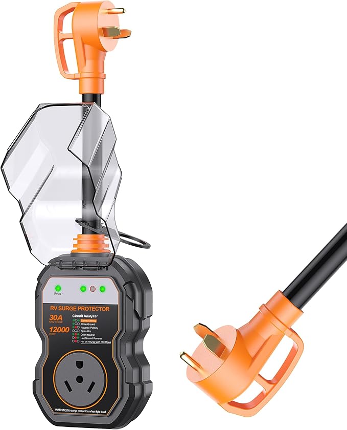 GEARGO RV Surge Protectors 30 Amp, 12000 Joules RV Circuit Analyzer, IP68 Surge Voltage Protection, RV Adapter Plug for Camper (Orange)