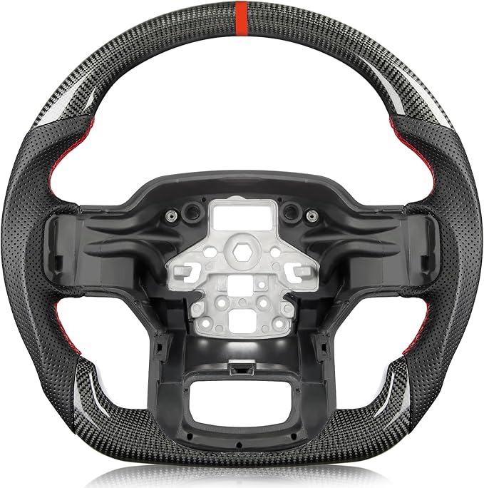 Carbon Fiber Steering Wheel for Ford F-150 2021–2024, D-Shaped Flat-Bottom, Perforated Nappa Leather Grip, Hand-Stitched, for F-150 Without Paddle Shifters Models