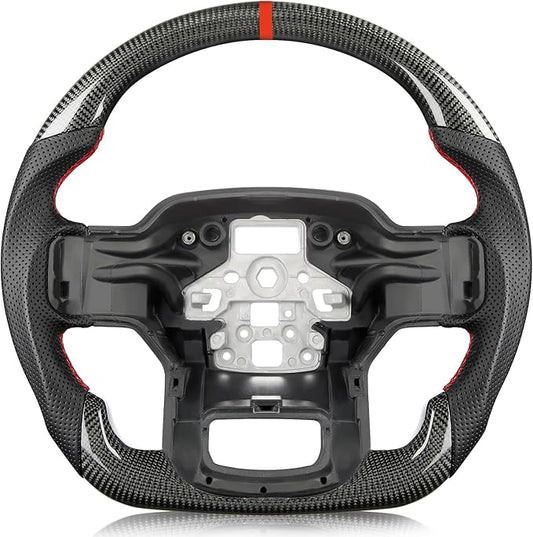 Carbon Fiber Steering Wheel for Ford F-150 2021–2024, D-Shaped Flat-Bottom, Perforated Nappa Leather Grip, Hand-Stitched, for F-150 Without Paddle Shifters Models