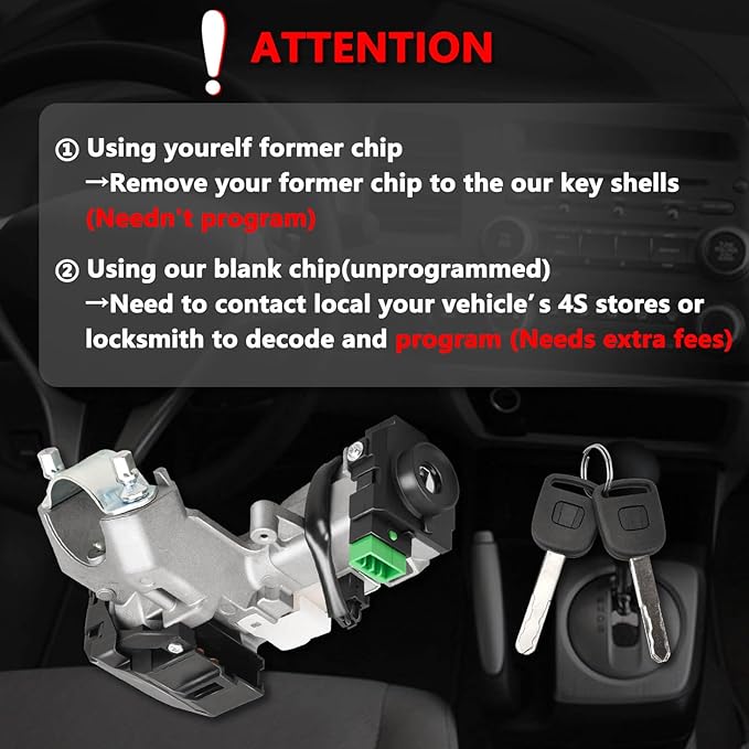 RAMATA Ignition Switch Lock Cylinder with Key (with Blank Chip) Compatible with 2003 2004 2005 Honda Civic 1.3L, 2001 2002 2003 2004 2005 Honda Civic 1.7L