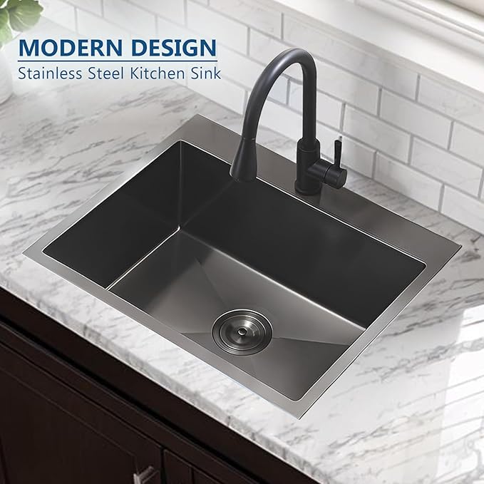 25x22 Drop in Kitchen Sink Black, 25 inch Gunmetal Black Stainless Steel Bar RV Laundry Utility Outdoor Small Sink Topmount Commercial Single Bowl