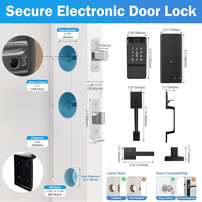 WiFi Smart Door Lock Keyless Entry with Gateway and Handles Fingerprint Touchscreen Keypad IC Card Key APP Type-C Charging Unlocking 6 in 1 Electric Biometric Digital Deadbolt for Front Doors