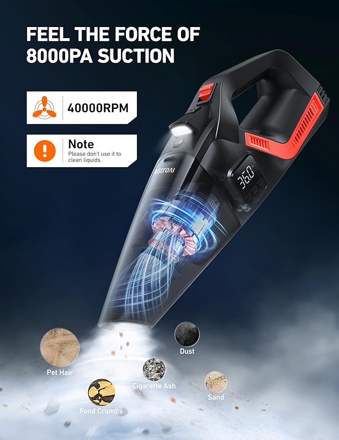 AstroAI 4-in-1 Car Vacuum Cleaner and Tire Inflator Portable with Accessories Air Compressor Digital Dual Values Display, 150 PSI Car Tires Air Pump with LED Light, 12V DC, 16.4FT Cord for Auto