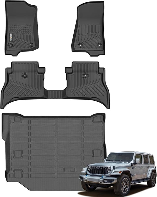 GINOWY-Floor Mats & Cargo Liner for Jeep Wrangler 4XE 2025 2024-2021 (4 Door, Not for JL or JK) 丨TPE Rubber All Weather Mats Wrangler 4xe Car Accessories Mats Heavy Duty Liners