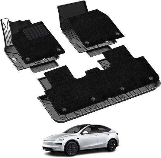 3W Tesla Model Y Juniper Floor Mats with Carpets, Mental Pedal, Double Layer, All Weather TPE Waterproof Custom Fit Automotive Car Floor Liners, Black