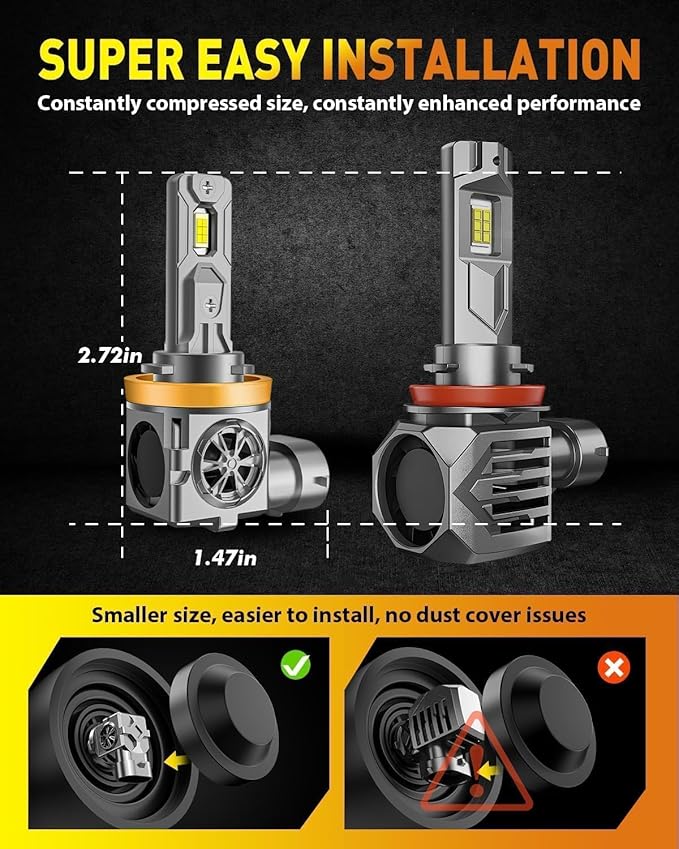H11/H8/H9 & 9005/HB3 Light Bulbs Combo, 80,000LM 10X Ultra Brightness, Real 1:1 Mini Size, 6500K White 85000Hrs Long Life with Cooling Fan, 9005 H11 Fog Lights, Plug and Play, Pack of 4