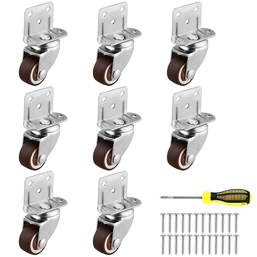 1.5 Inches Side Mount Caster Wheels Set of 8 L-Shaped Rubber Small Swivel Caster Heavy-Duty Double Plate Castor Without Brake Industrial Metal Wheel for Workbench, Furniture, Cabinet, Woodbox, Brown