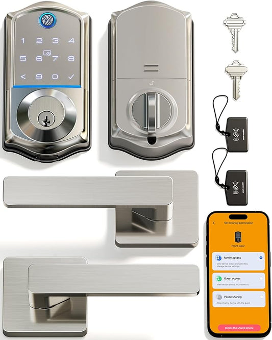 Veise VE017-B Fingerprint Smart Lock for Front Door, App Control, 7-in-1 Keyless Entry Deadbolt with 2 Zinc Alloy Lever Handles Set, Emergency Power Port, Auto Lock, Electronic Keypad, Satin Nickel