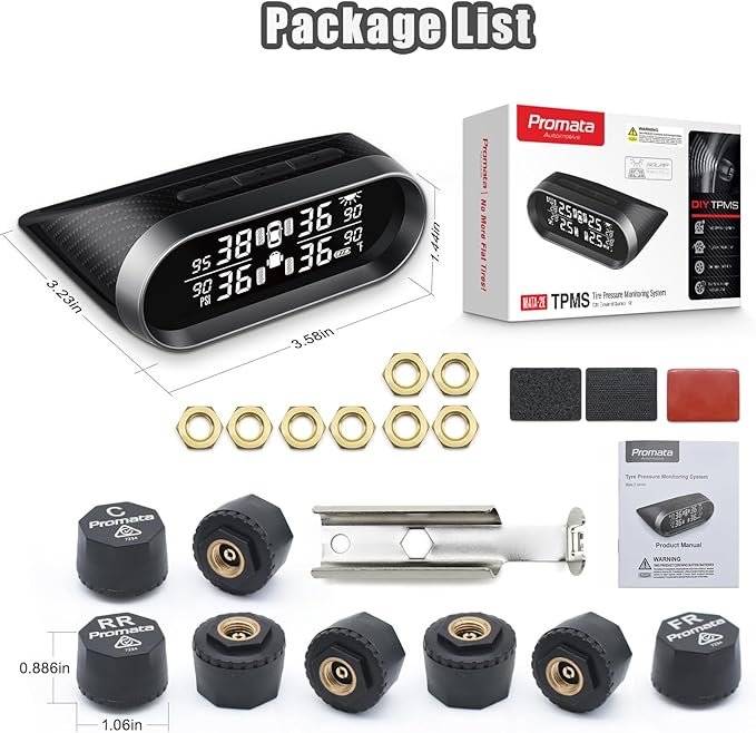 Promata RV Tire Pressure Monitoring System, Carbon Fiber Style RV TPMS with 8 Tire Pressure Sensors, Eye Protection Clear LCD Display, Intelligent Trailer Detection for Travel Trailer Motorhome Camper