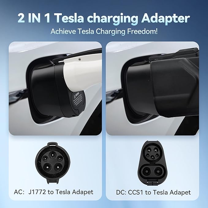 2-in-1 CCS & J1772 for Tesla Adapter, 250KW/80A DC/AC, CCS1 to NACS SuperFast Charging, Safety Certified, Compatible with Tesla Model 3/Y/S/X/Cybertruck, for Level 1/2/3 EV Charging Statons