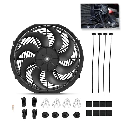 Universal 14 Inch Black Slim Radiator Cooling Fan 12V 90W Push Pull with Mount Kit – Fits Radiators for Vehicles, Cars, Trucks