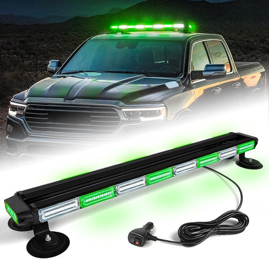 34inch 166 LED Emergency Rooftop Strobe Lights Bar Flashing Safety Traffic Advisor Warning Hazard Snow Plow Light W/Magnet Base for Work Trucks Vehicles Construction Tow Pickup Green White