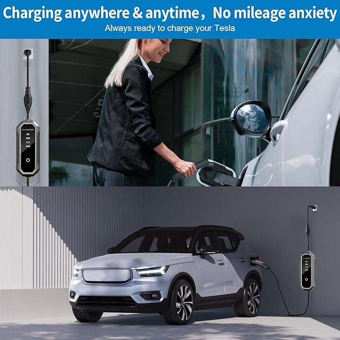 16A Portable Charger for Tesla with 25ft Cable, with 240V NEMA 6-20 Plug, 120V NEMA 5-15 Adapter, NACS Connector,Home Charging Stations for ModelY/3/S/X,Level 1/2 EV Chargers for Tesla