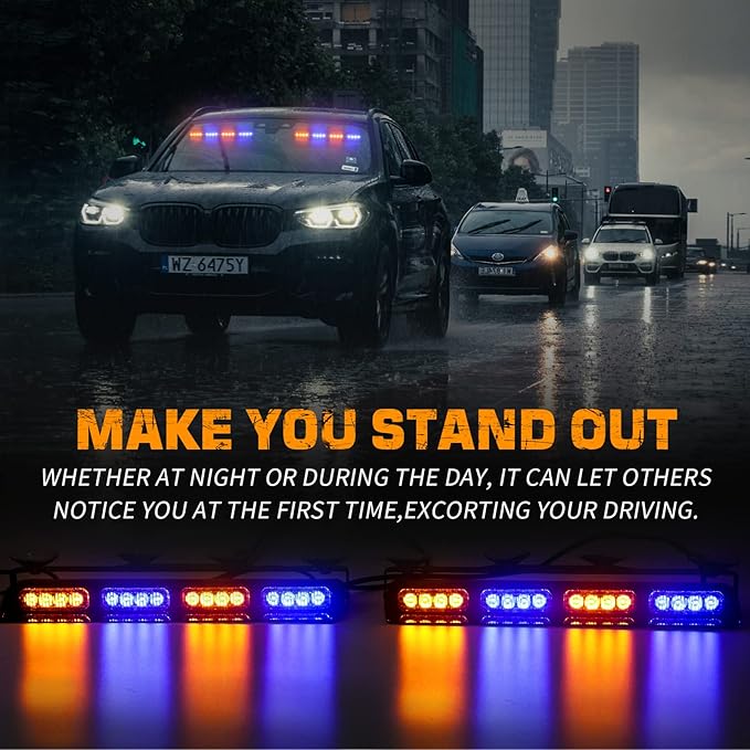 XRIDONSEN Amber Blue Emergency Dash Strobe Lights Safety Flashing Warning Hazard Interior Front/Rear Windshield Deck Split Light Bar w/Digital Display Controller for Construction Vehicles Trucks