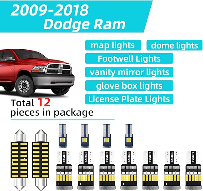 12Pcs Ram 1500 Interior LED Lights for 2009-2018 Dodge Ram 1500 2500 3500 Super Bright 6000K White LED Interior Lights Package + Install Tool