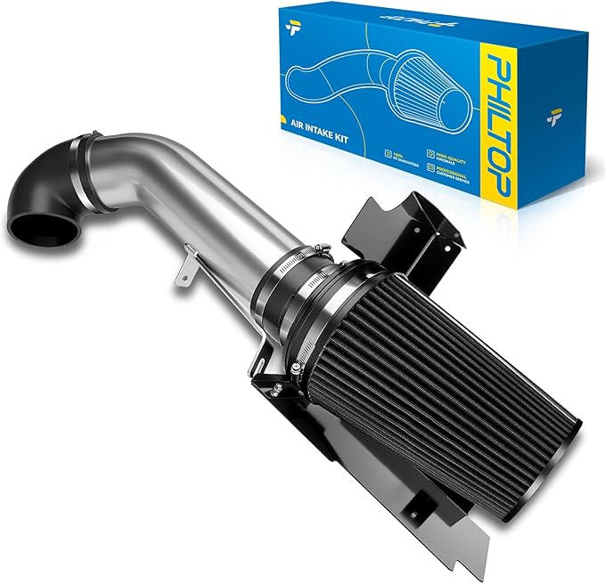 PHILTOP 4 inch Cold Air Intake Black Tube + Heat Shield Fit for GMC/Chevy 1999-2006 V8 4.8L/5.3L/6.0L Silverado/Sierra 1500/2500/3500 Black