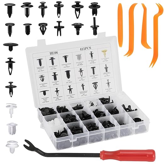 415Pcs Car Retainer Clips & Fasteners Kit – 18 Universal Sizes Nylon Bumper, Fender Rivets, Door Panel Clips, and Plastic Rivets with Removal Tool for Toyota, Ford, Benz (415pcs)