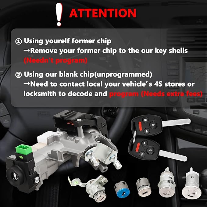 RAMATA Ignition Switch Lock Cylinder with Key (with Blank Chip) Compatible with 2003 2004 2005 Honda Accord (Ignition Chip: 48,Frequency: 315mHz)