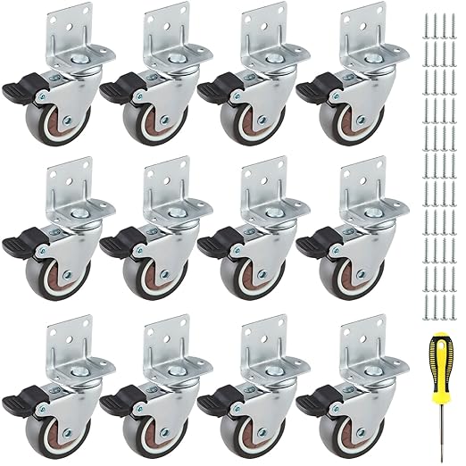 1.5 Inches Side Mount Caster Wheels Set of 12 L-Shaped Rubber Small Locking Swivel Caster Heavy-Duty Double Plate Castor with Brake Industrial Metal Wheel for Workbench, Furniture, Cabinet, Woodbox
