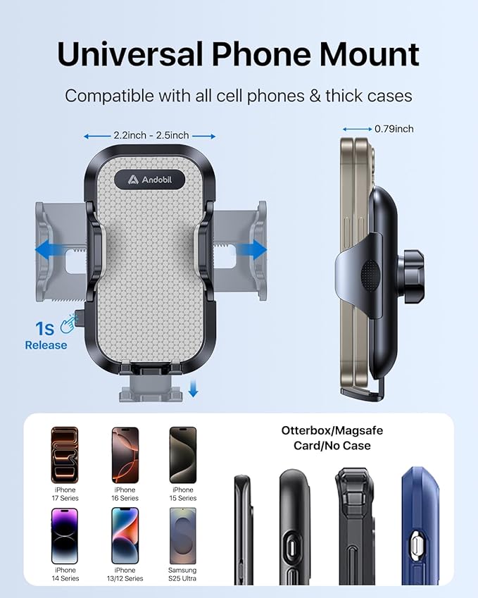 andobil Phone Holders for Your Car - Air Vent Phone Mount, Ultra-Stable Metal Clip with Anti-Shake & 360° Rotation, Universal Car Mount Fit iPhone 17/16/15/14/13/12 Pro Max/Android/Samsung Gary