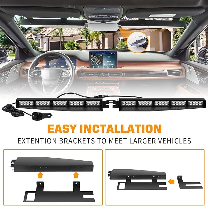 XRIDONSEN 34 inch Amber Green White Emergency Visor Strobe Lights 40 LED Warning Flashing Hazard Safety Interior Front Windshield Lights Deck Split w/Take Down for Trucks Construction Vehicles