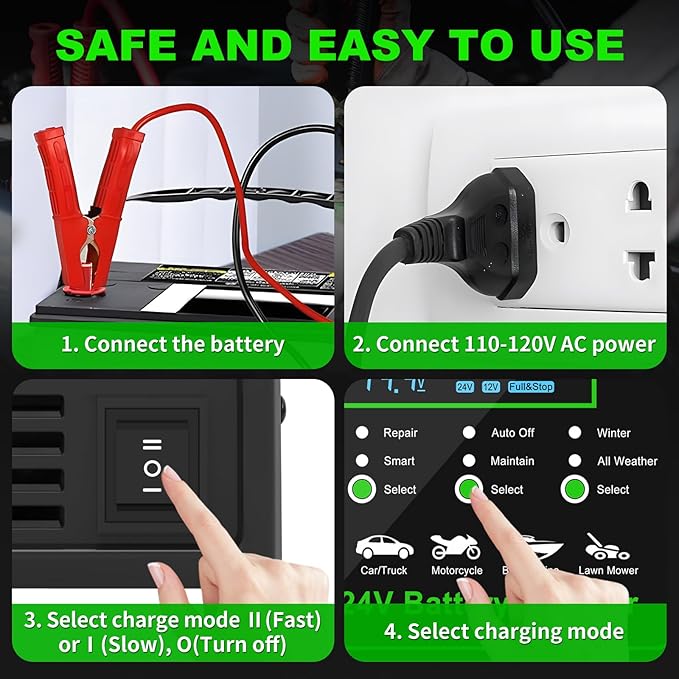 12V/24V Heavy Duty Car Battery Charger, 0-15A Smart Trickle Charger Automatic Battery Maintainer Desulfator with Auto Shutoffs, Repair & Winter Mode, Fast/Slow Rates for Boat, Motorcycle, Lawn Mower