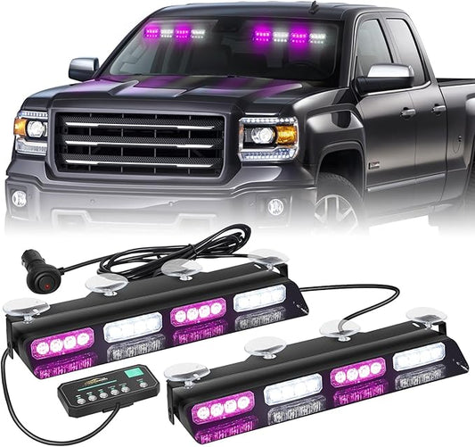XRIDONSEN Purple White Emergency Dash Strobe Lights Safety Flashing Warning Hazard Interior Front/Rear Windshield Light Bar Deck Split w/Suction Cups for escort Vehicles Trucks (2x14 inch, 32 LED)