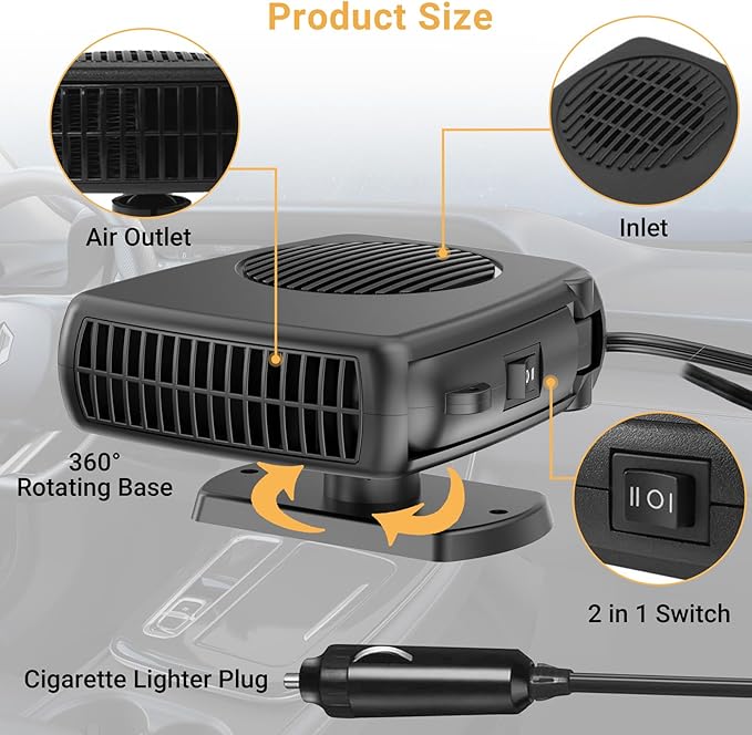 Car Heater - 12V 200W Portable Auto Heaters Defroster Windshield Defogger Automobile Windscreen Heater for Cars with Fast Heating & Cooling Window Defrosters with Ergonomic Handheld Design