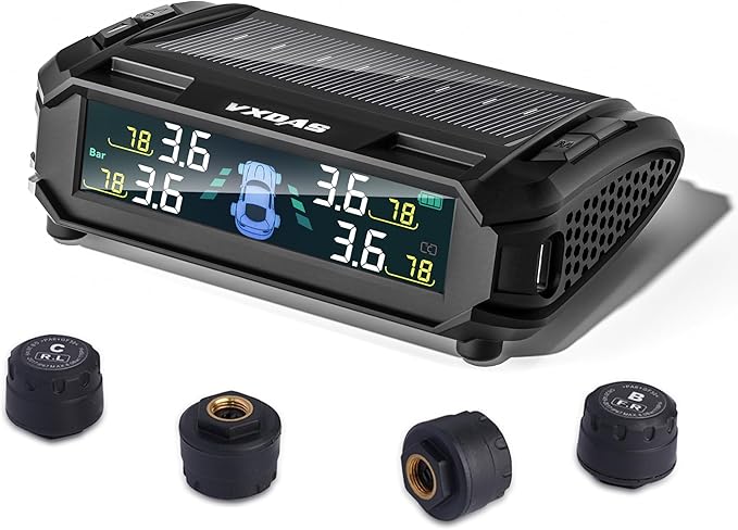 VXDAS RV Accessories Tire Pressure Monitoring System, Wireless Solar TPMS with 4 Sensors & 4 Alarm Modes, Tire Pressure Monitor with LCD Display & Auto Sleep/Wake-up Mode, Easy to Install for RV