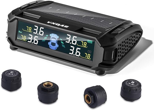 VXDAS RV Accessories Tire Pressure Monitoring System, Wireless Solar TPMS with 4 Sensors & 4 Alarm Modes, Tire Pressure Monitor with LCD Display & Auto Sleep/Wake-up Mode, Easy to Install for RV