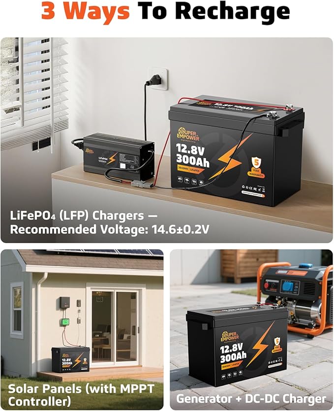 12V 300Ah LiFePO4 Lithium Battery- BCI Group 31, Deep Cycle RV LiFePO4 Battery with Low-Temp Protection, 100A BMS, 3840Wh, Max.15000 Cycles, 10-Year Lifespan for RV, Solar, Trolling Motor, Marine