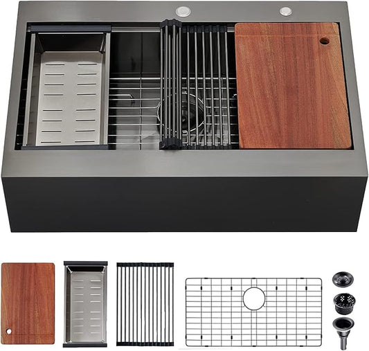 33 Inch Drop In Farmhouse Sink Black, 33x22 Inch Gunmetal Black Top Mount Farmhouse Kitchen Single Bowl, Topmount Apron Front Stainless Steel Farm Sink Workstation