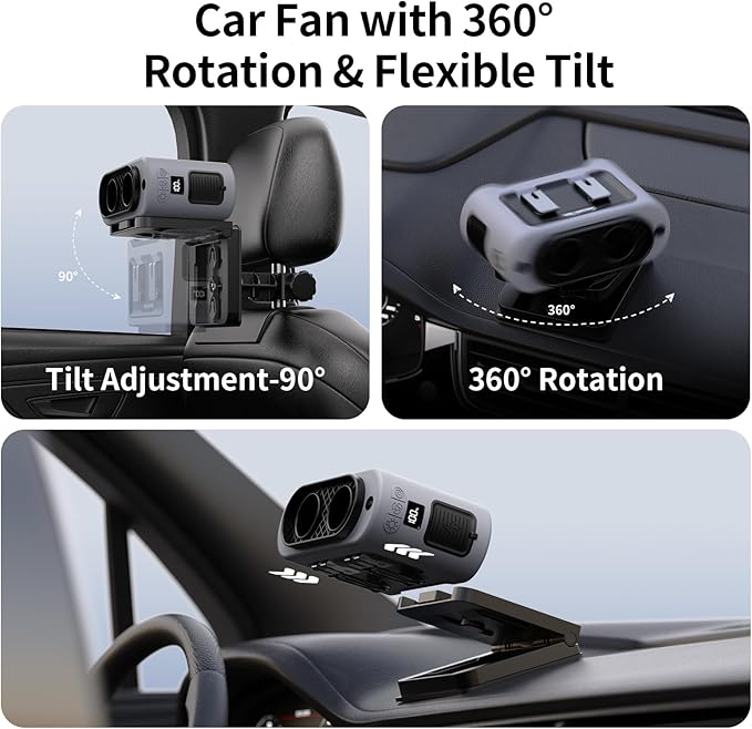 Socool 14500mAh Portable Car Fan Rechargeable Battery Opearated, Clip on Car Seat Headrest 360 Rotatable, 5-Speed Backseat Fans for Baby Rear Facing Cooling with Dual Air Outlets for SUV RV Truck