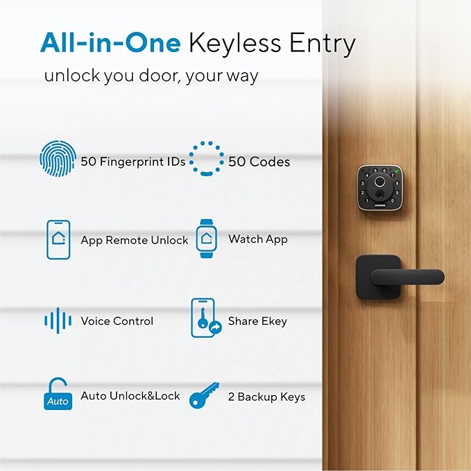 ULTRALOQ Bolt Fingerprint Smart Lock with Handle Set, Works with Apple Home, Keyless Entry Front Door Lock Set, Built-in WiFi Deadbolt with Door Sensor, App Remote Control, Auto Unlock, BHMA Certified