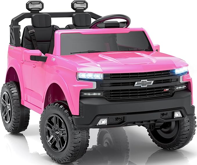 24v Ride on Toys for Big Kids, 2 Seater Licensed Chevrolet Silverado Ride on Car, Electric Car for Kids with Parent Remote Control, Bluetooth, LED Lights and Seat Belts (Pink)