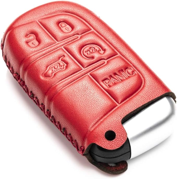 Vitodeco Genuine Leather Smart Key Keyless Remote Entry Fob Case Cover Compatible for Jeep, Dodge, Chrysler (2014 - 2022 Models) - 3 to 5 Buttons, Red