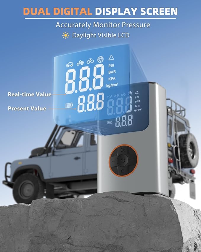 Tire Inflator Portable Air Compressor, Bike Pump, 150PSI Air Pump for Car Tires with LCD Dual Screen and Digital Tire Pressure Gauge, Air Compressor for Bicycle, Motorcycle, Compact Car, Ball