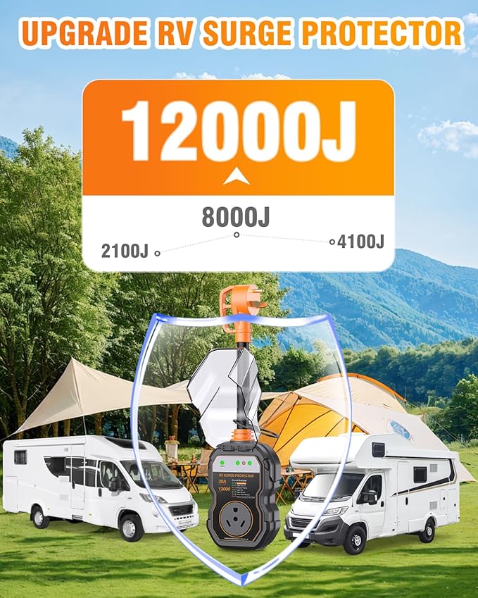 GEARGO RV Surge Protectors 30 Amp, 12000 Joules RV Circuit Analyzer, IP68 Surge Voltage Protection, RV Adapter Plug for Camper (Orange)