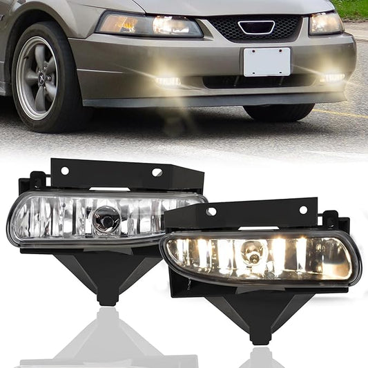 Fog Lights Assembly Compatible with 1999-2004 Ford Mustang, Bumper Driving Fog lamp Assembly Replacement (Halogen Fog Lights)