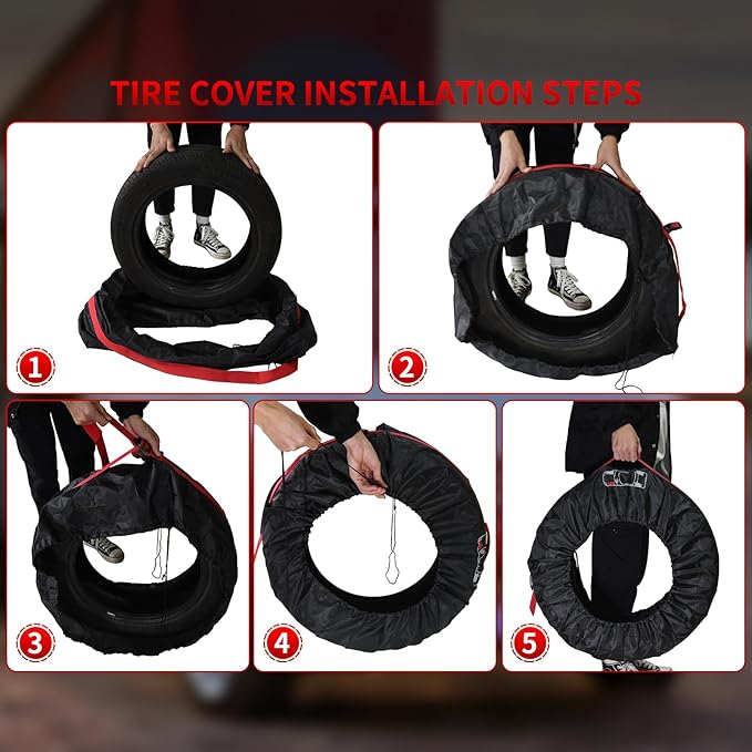 Geloo Car Tire Cover, Spare Tire Cover, Seasonal Tire Totes, Portable Wheel Bags, Winter Tire Cover, Set of 4 Storage Tote Bags with Handle Fit for 13" to 18" Tyres (Diameter 66cm)-Black/Red